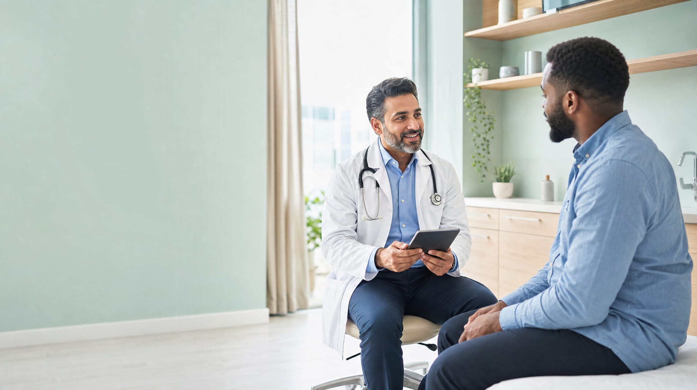 A doctor discussing a tablet with a seated patient at 12D Clinic
