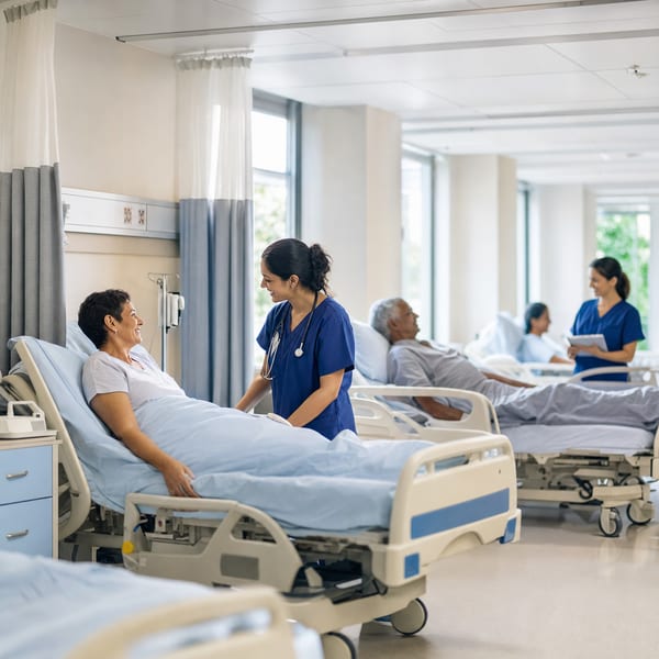 A hospital corridor with natural light.