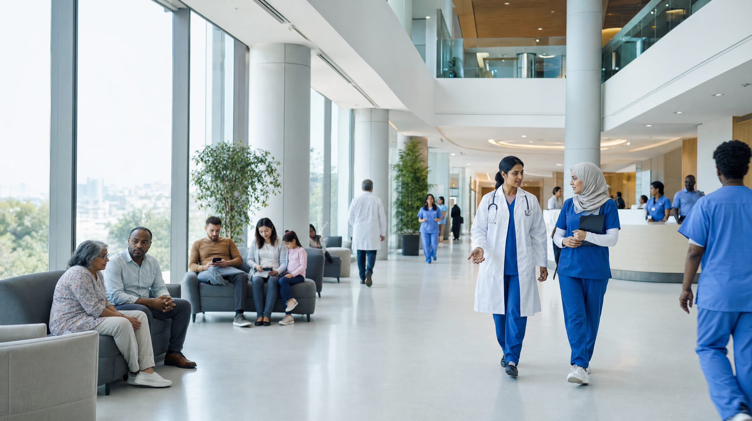 A bright hospital lobby with doctors, nurses and patients moving through the space.