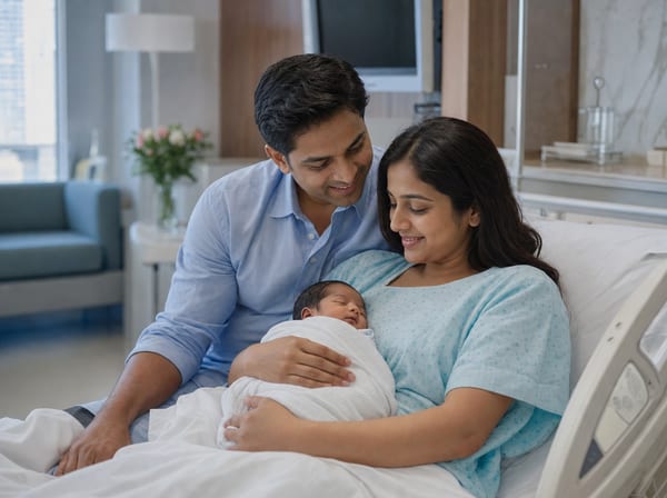A maternity ward room, calm and softly lit.