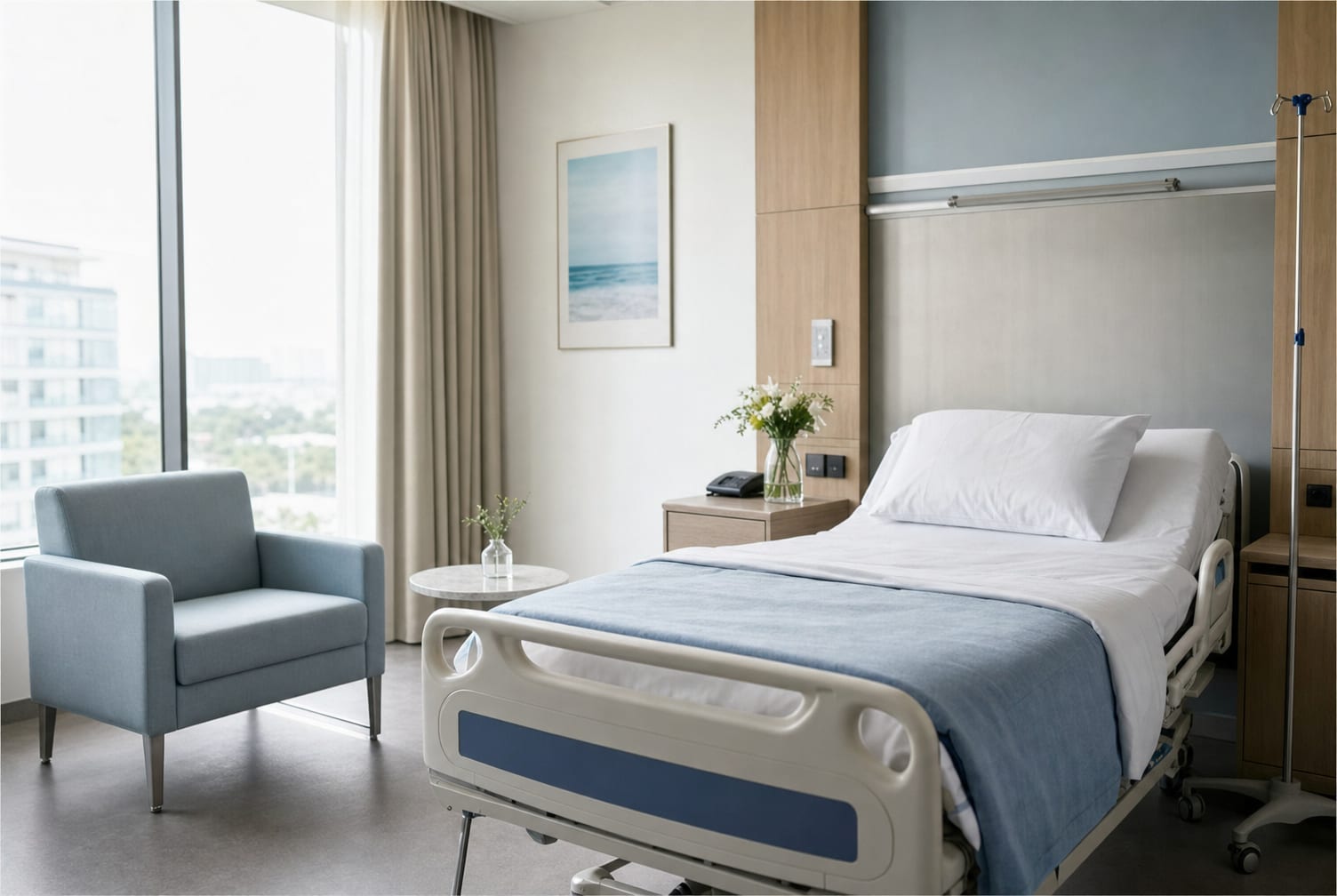 A quiet corridor inside 12D Hospital, with natural light.