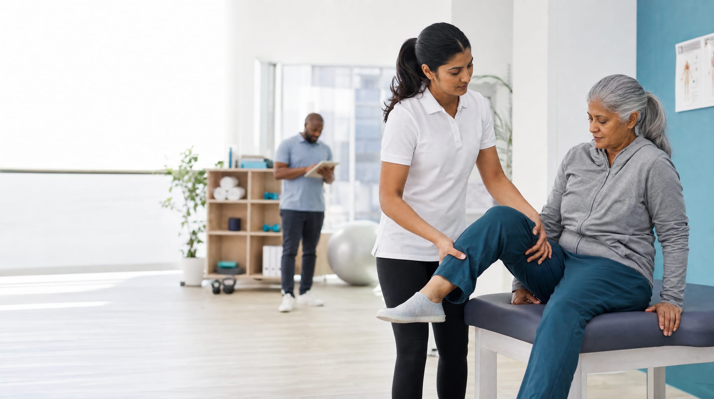 A physiotherapist assessing a patient's knee mobility at 12D Physio