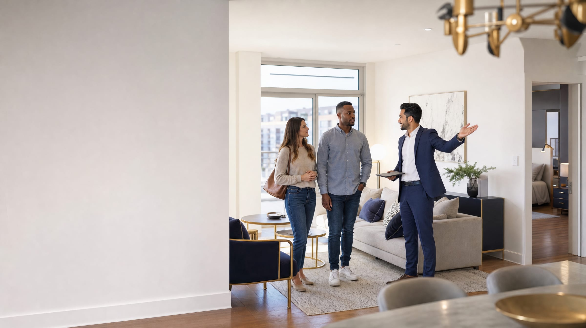 An agent showing a bright apartment living room to a couple.