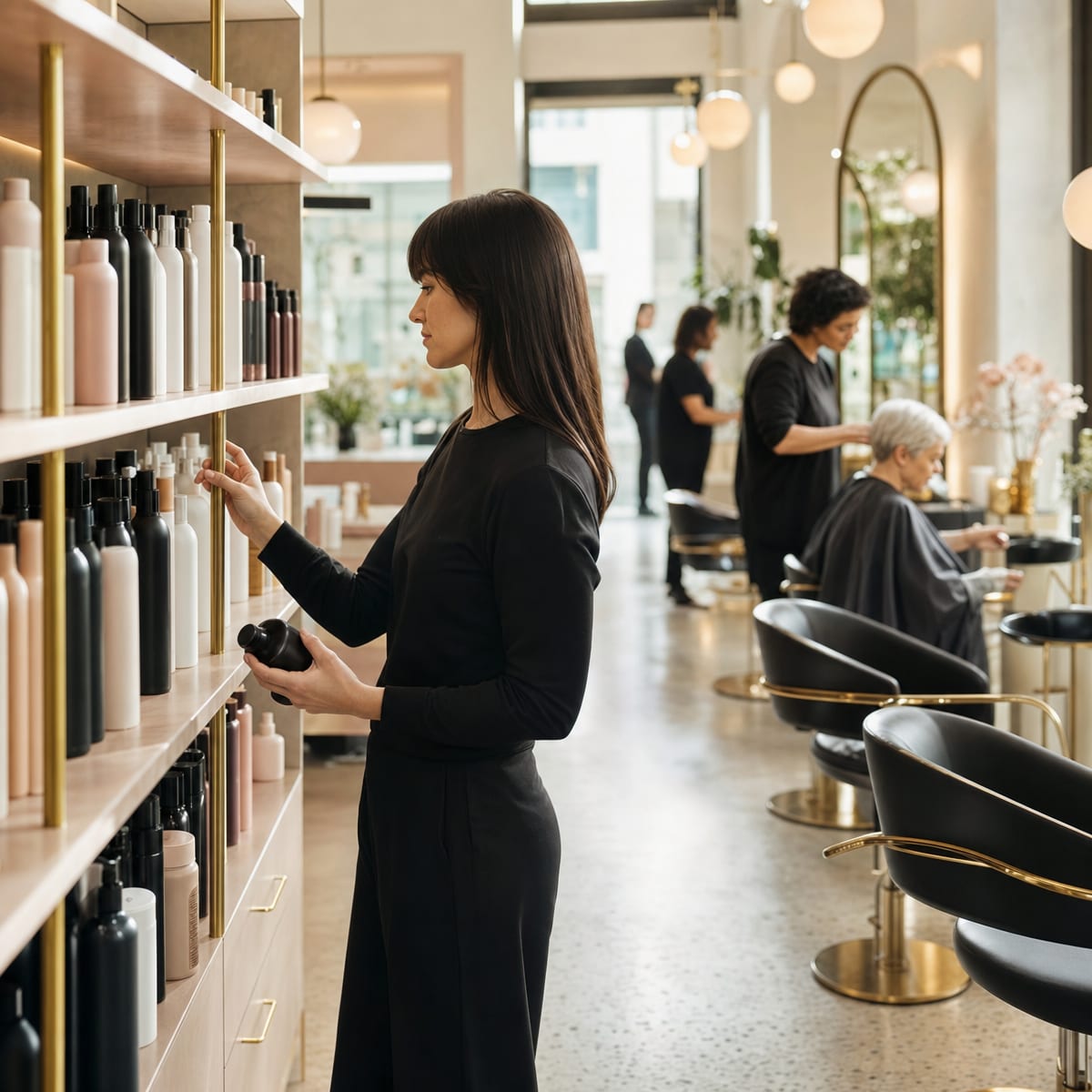 Product shelves at 12D Salon