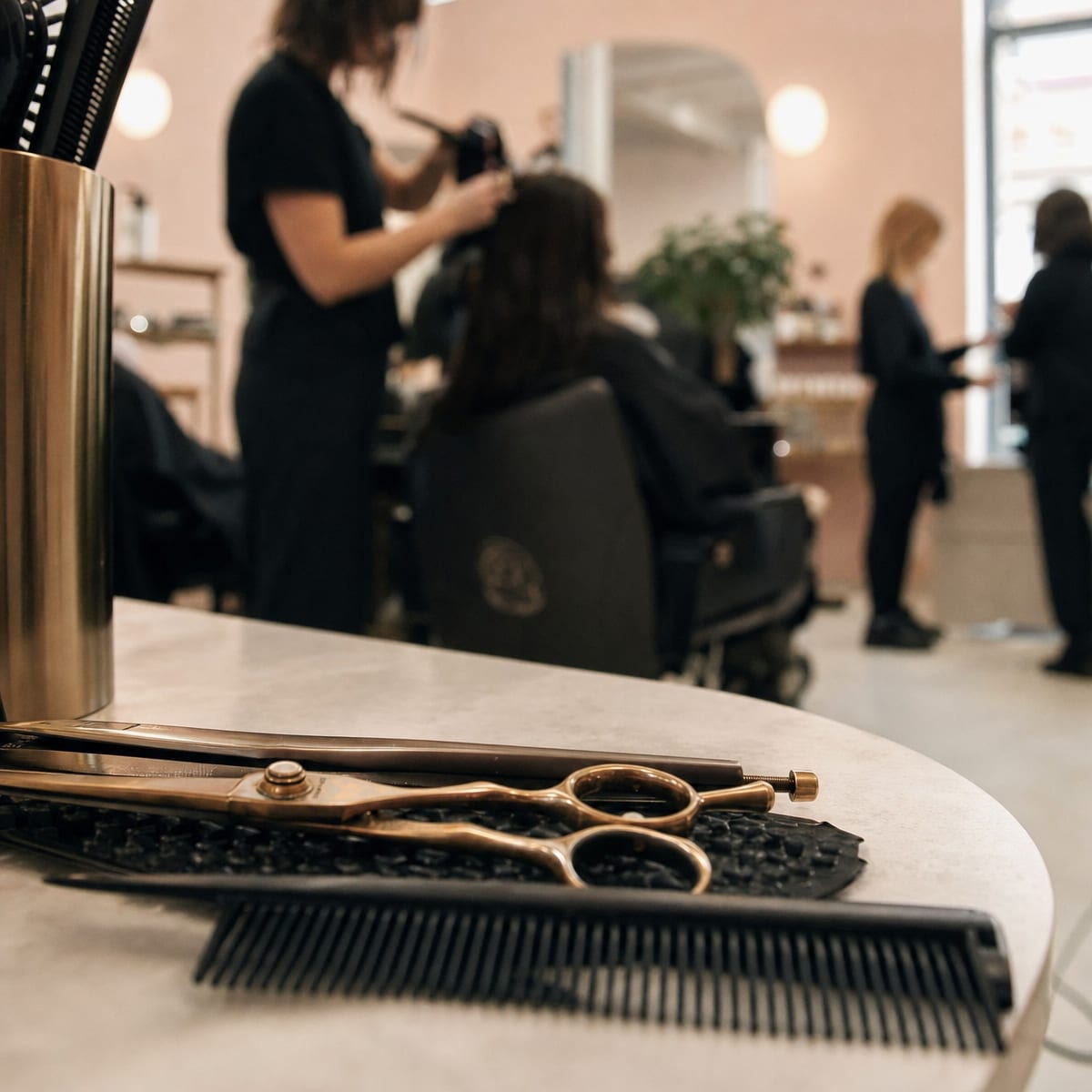 Styling tools on a marble counter at 12D Salon
