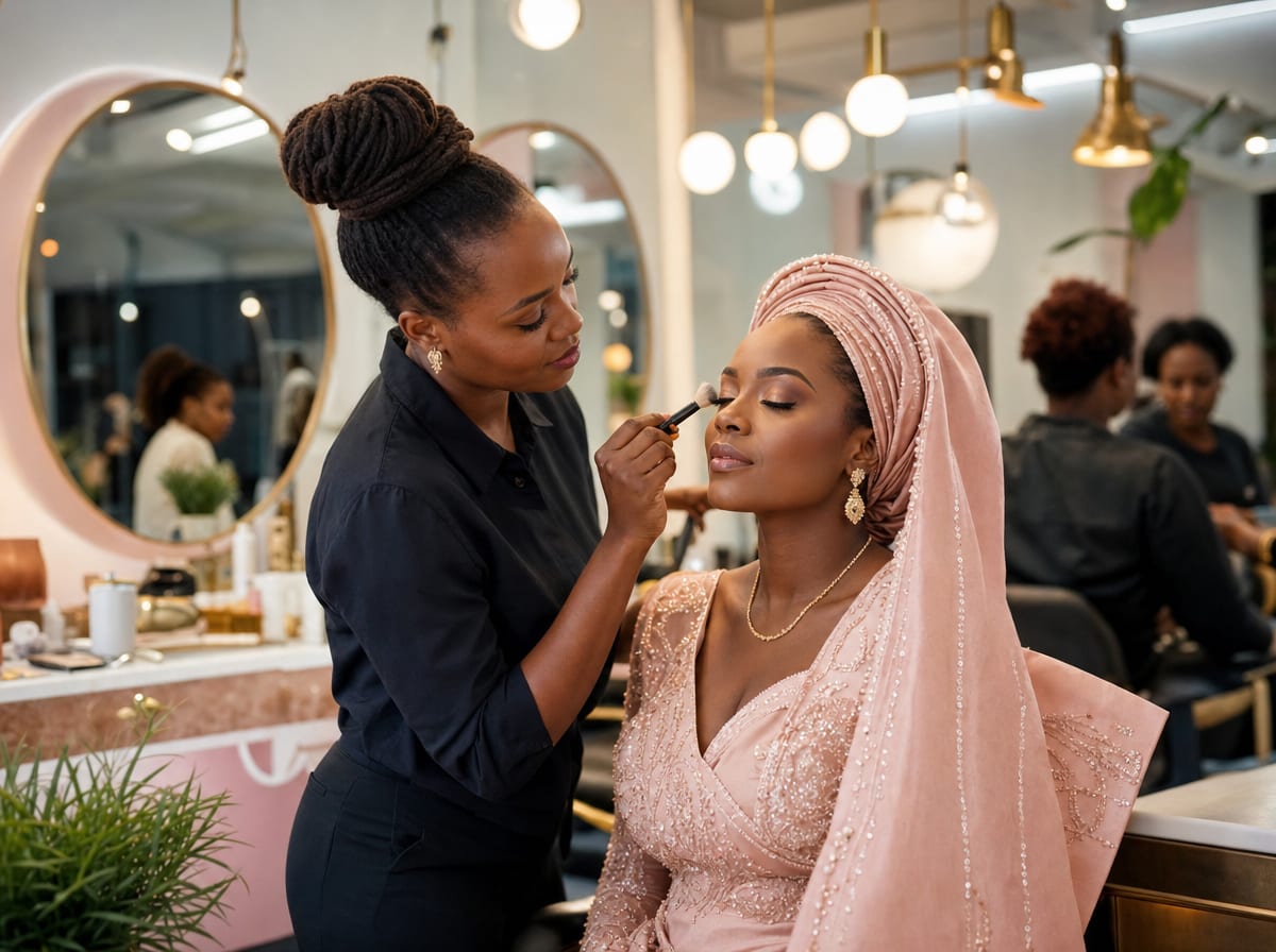 A stylist performing bridal makeup at 12D Salon