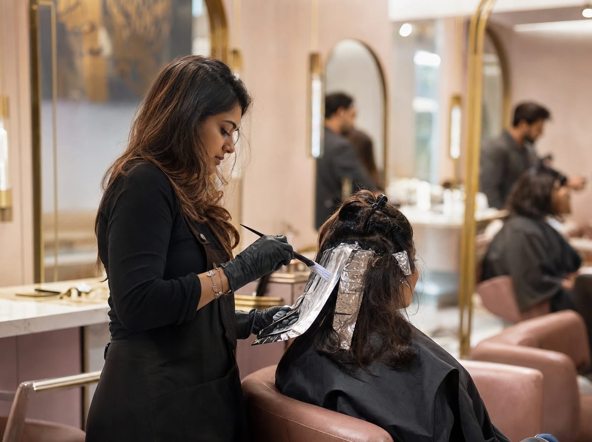 A stylist performing hair colour at 12D Salon
