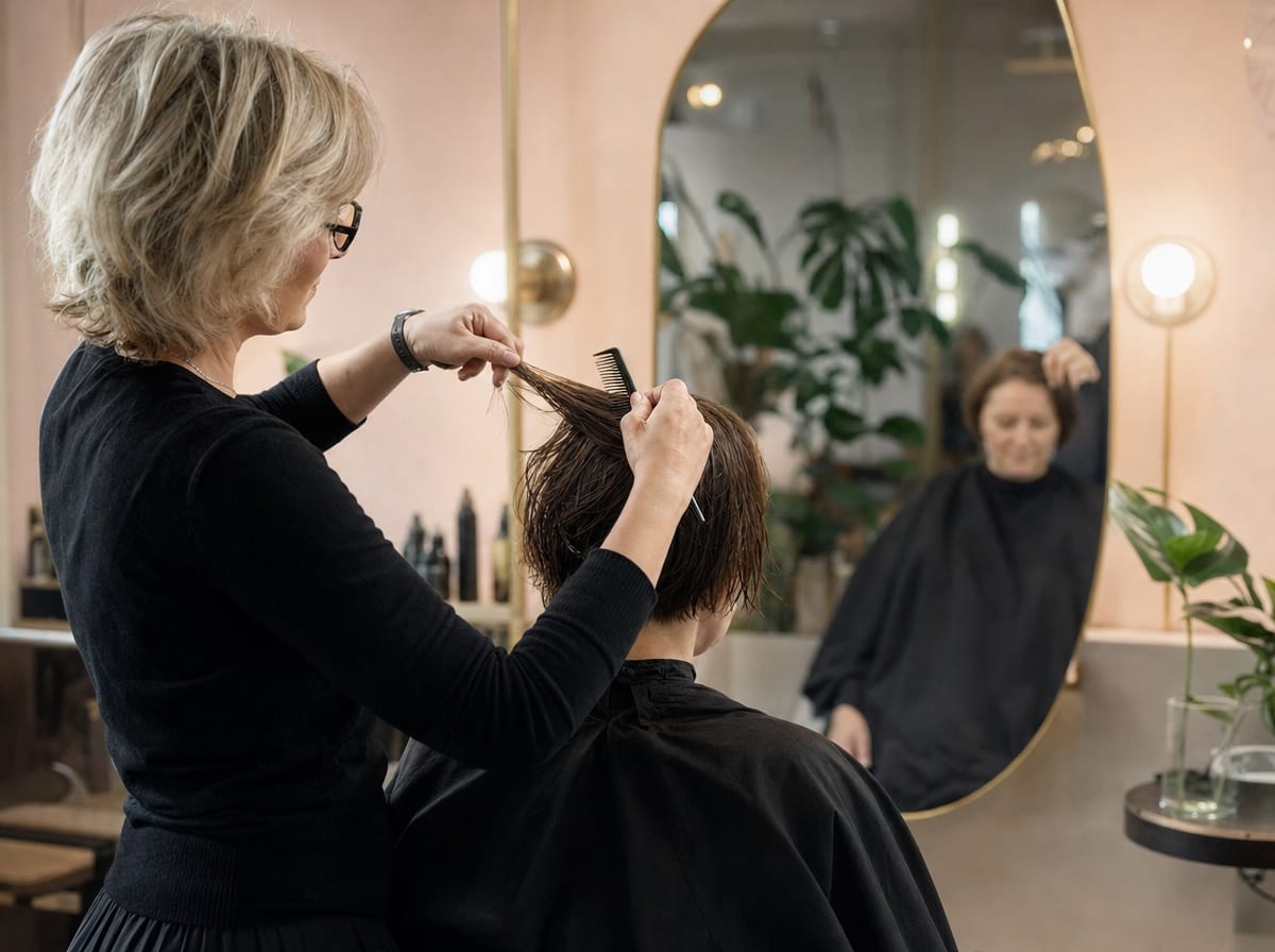 A stylist performing haircut & styling at 12D Salon