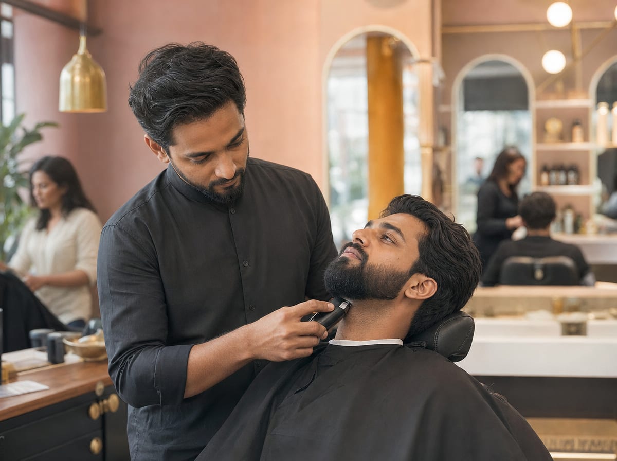 A stylist performing men's grooming at 12D Salon