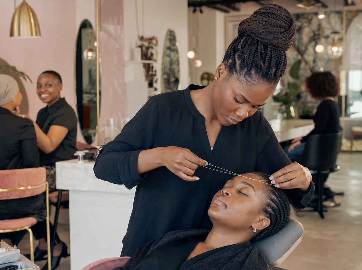 A stylist performing threading & waxing at 12D Salon