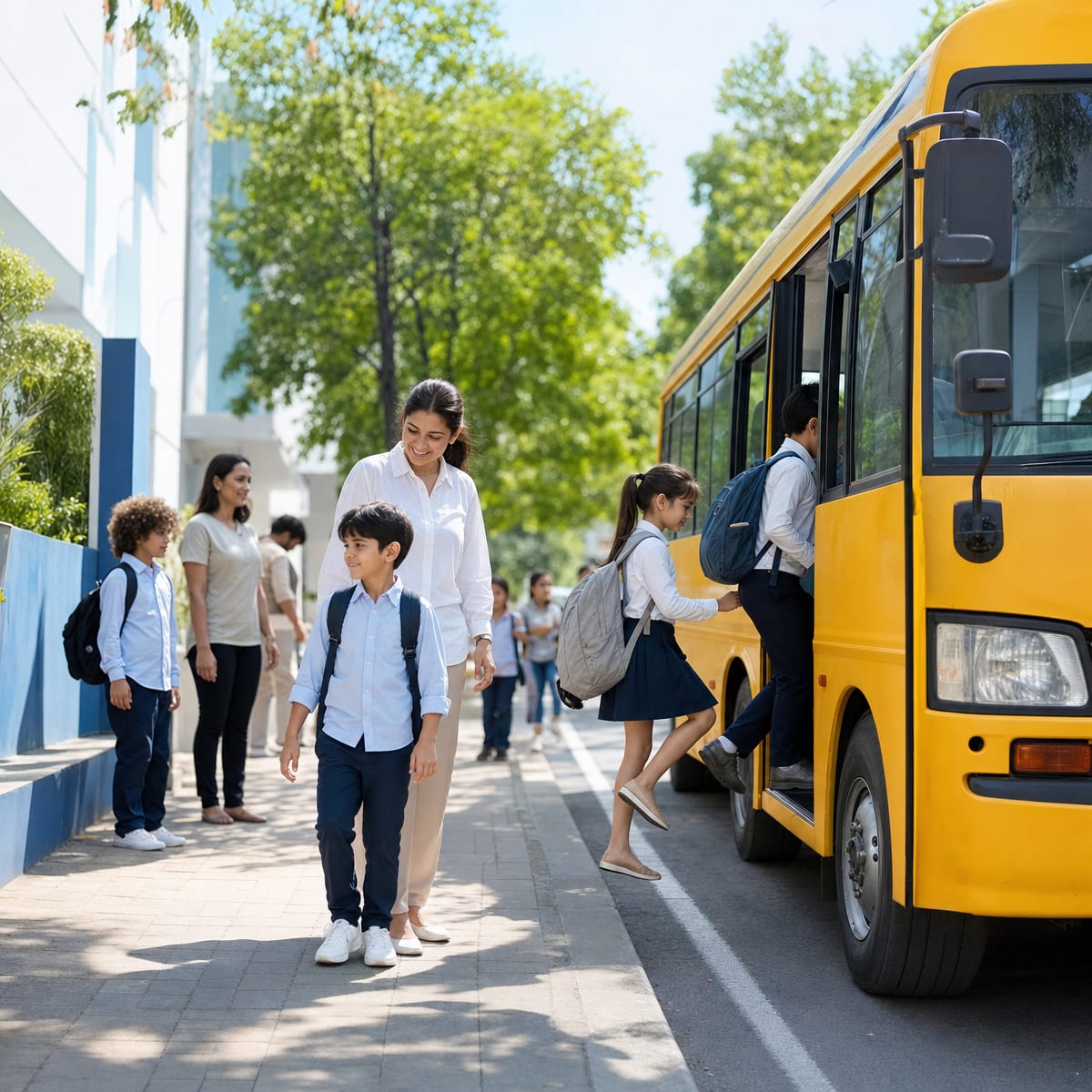 A school bus parked outside 12D School
