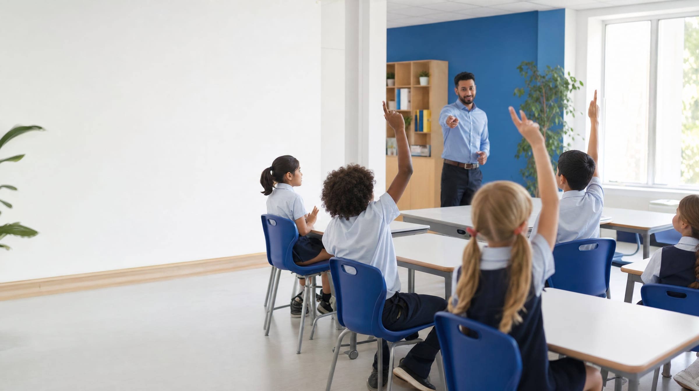 A teacher engaging students during a class discussion at 12D School