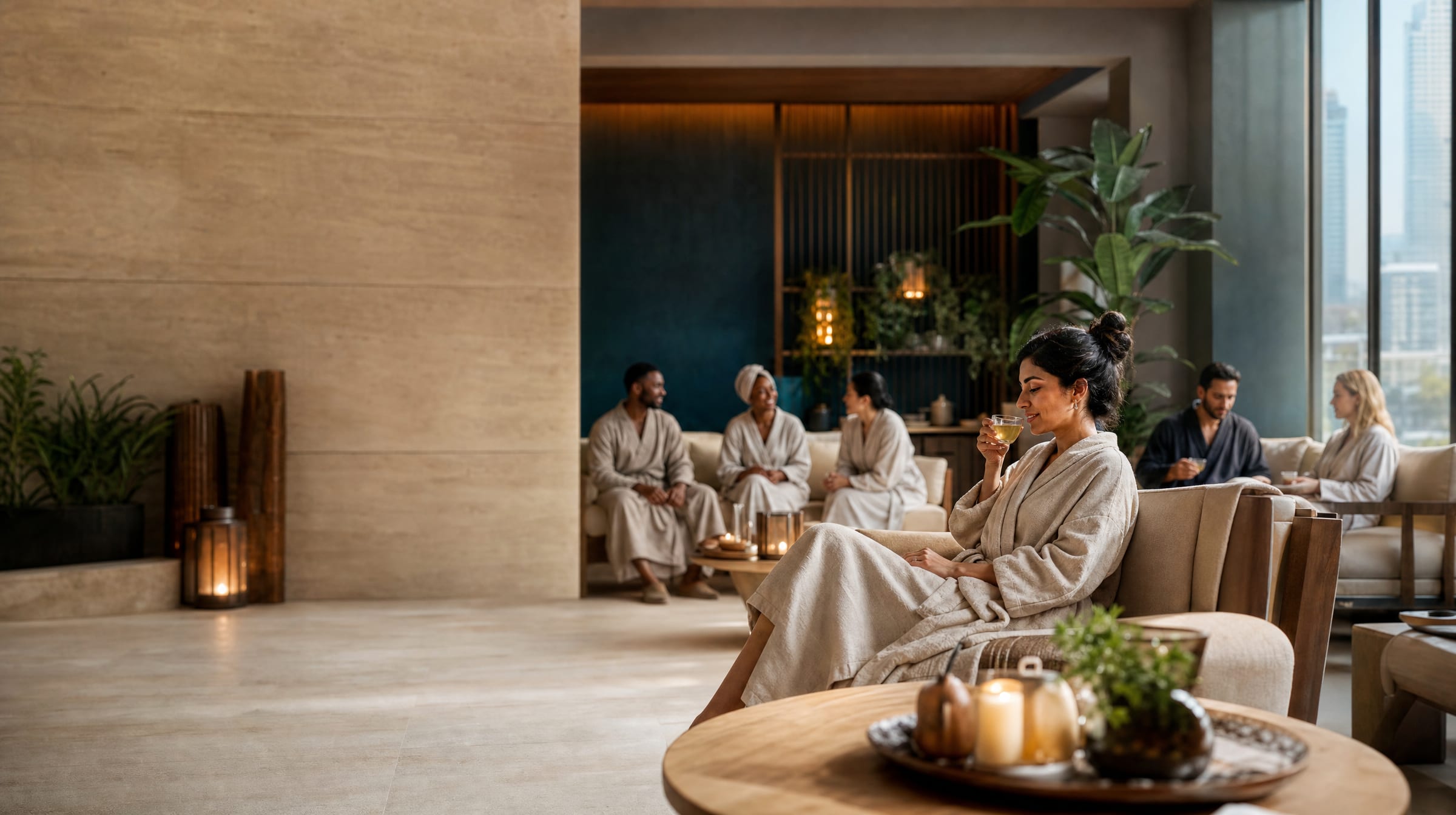 A softly lit spa treatment room with a massage table, candles and folded white towels.