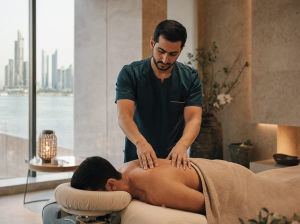 An aromatherapy massage in progress, with essential oil bottles nearby.