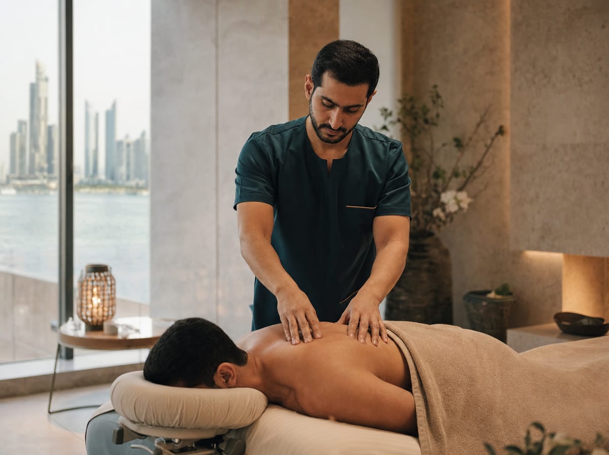 An aromatherapy massage in progress, with essential oil bottles nearby.