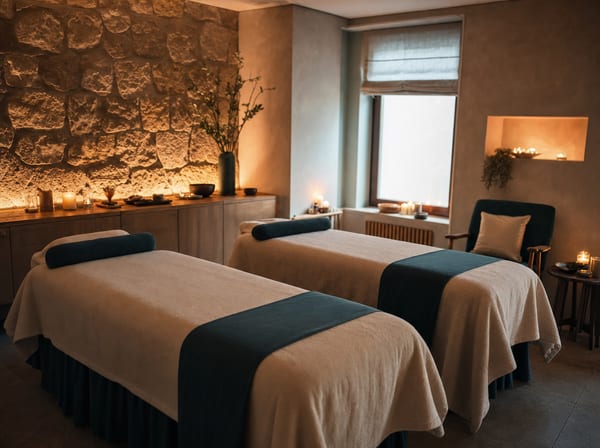 A couples spa room with two treatment tables side by side.