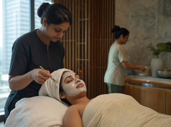 A facial treatment being applied in a bright, clean treatment room.