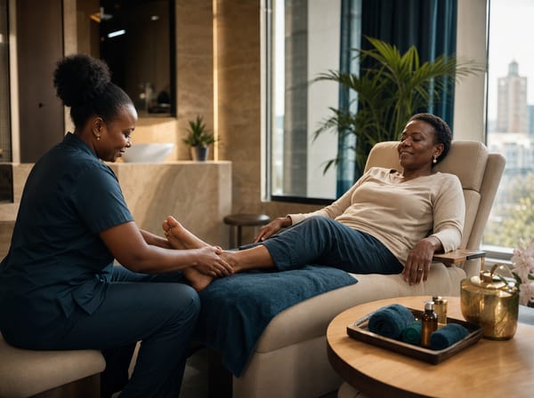 A foot reflexology session, with the client seated in a reclined chair.