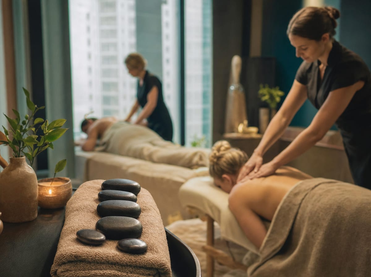 Heated stones arranged on a towel beside a treatment table.