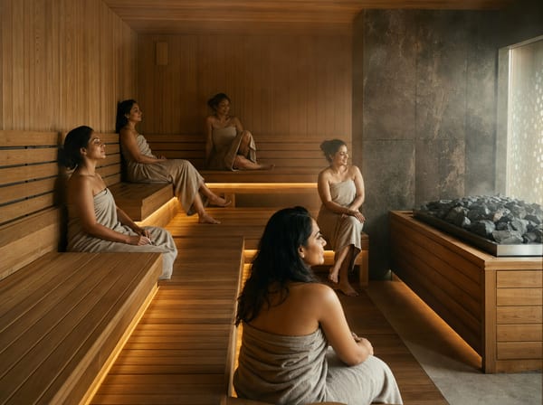 A warm, softly lit steam room with tiled walls.