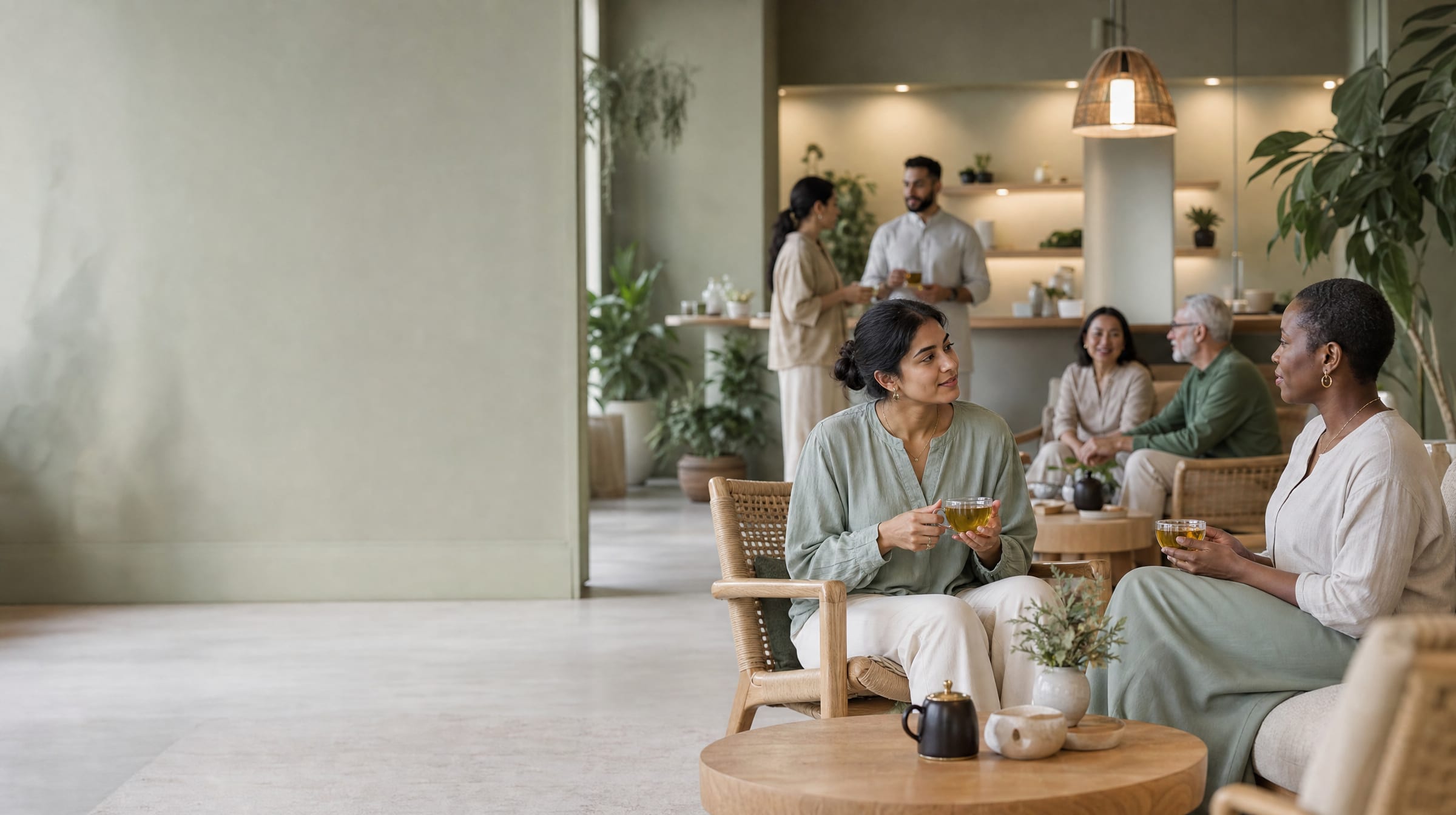A calm, softly lit wellness studio room with cushions, plants and warm natural light.