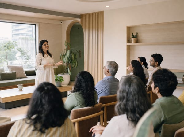 A corporate wellness talk in an office meeting room.
