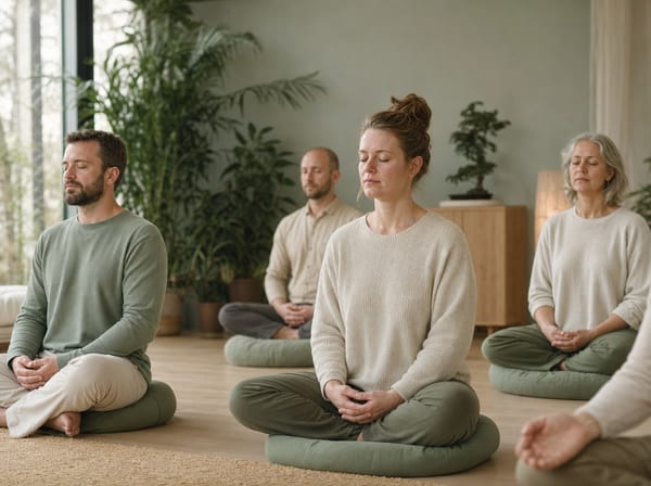 A small meditation room with floor cushions and soft daylight.