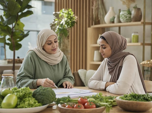 A nutrition counselling session, with notes and a meal plan on the table.