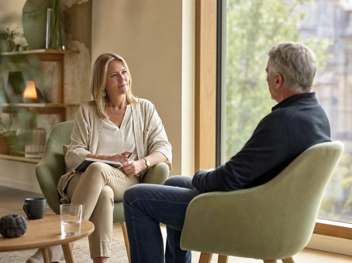 A one-to-one stress management session in a quiet, plant-filled room.