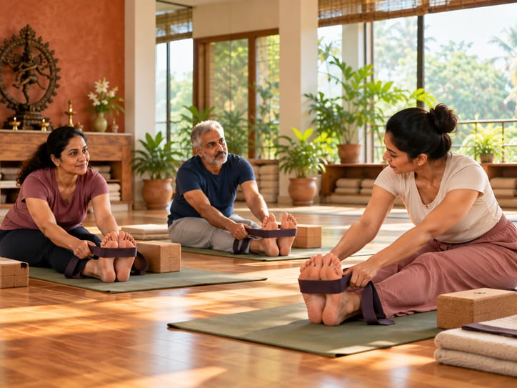 Three students using straps to ease into a seated forward fold, guided by a teacher.