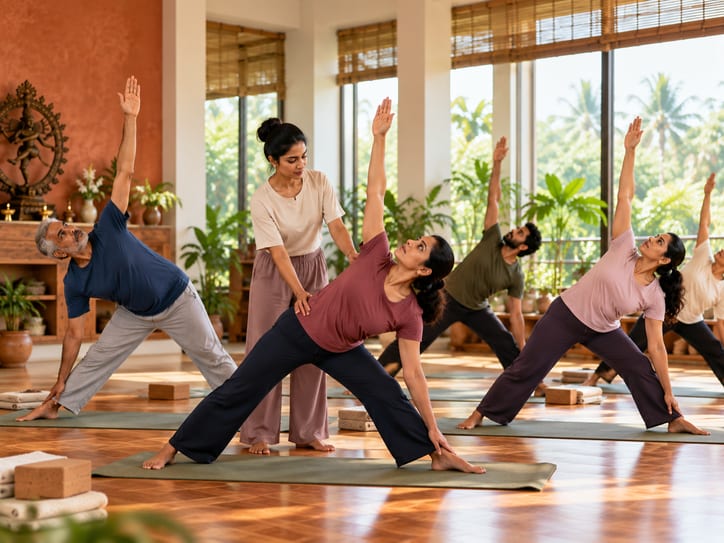 A teacher adjusting a student's triangle pose in a group hatha yoga class.