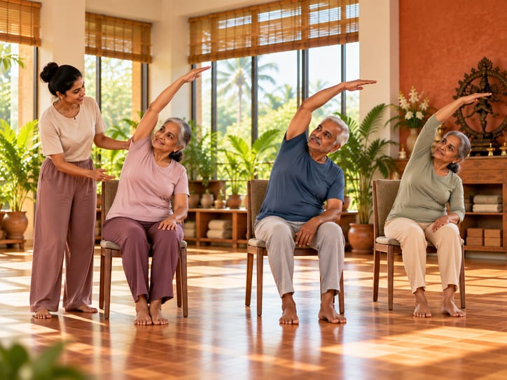 Seniors doing a seated side-stretch on chairs, with a teacher assisting.