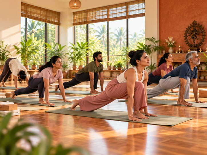 A row of students moving through a lunge-to-downward-dog flow on yoga mats.
