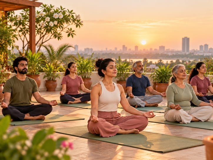 Students in seated meditation on a rooftop terrace at sunrise, city skyline in the distance.