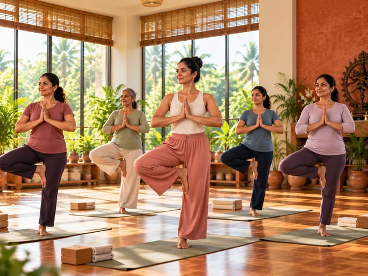 A women-only class holding a standing balance pose together.