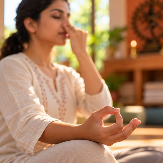 A close-up of hands in a seated breathing exercise.