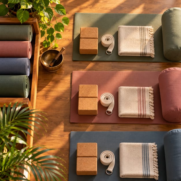 Three yoga mats laid out with blocks, straps, towels and bolsters.