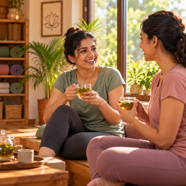 Two students chatting over tea after class.