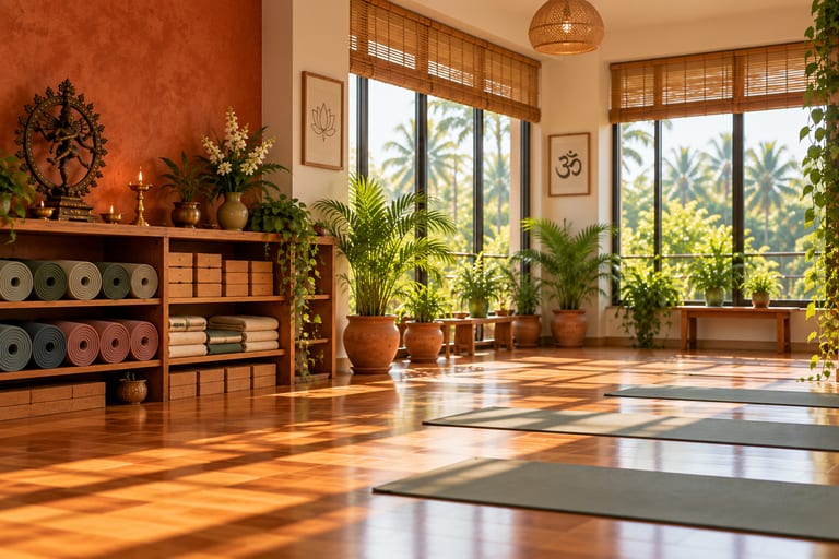 A reading nook inside the studio with a lit brass lamp, fresh flowers and rolled yoga mats.