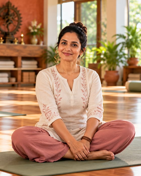Ananya, the studio's teacher, sitting cross-legged and smiling in the yoga studio.